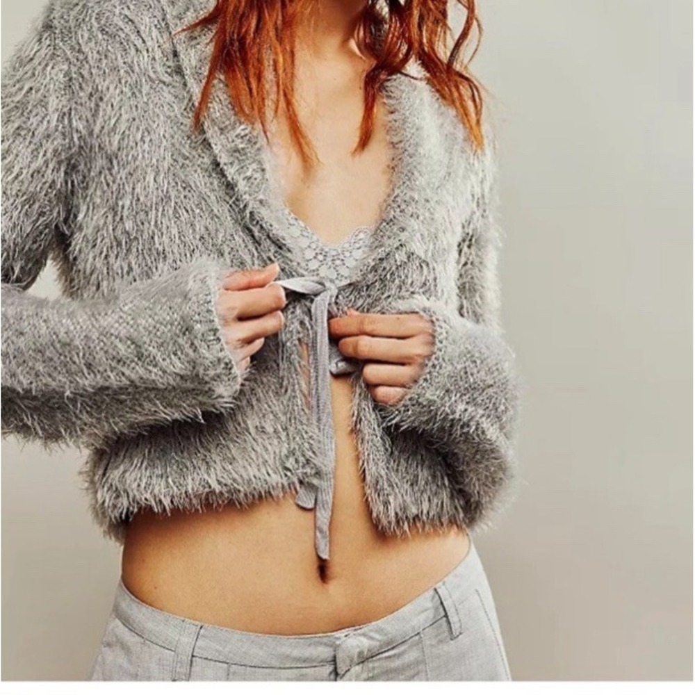 Free People Womens Cardigan Fuzzy Wrap Cropped Cardigan Size XS Gray Casual
